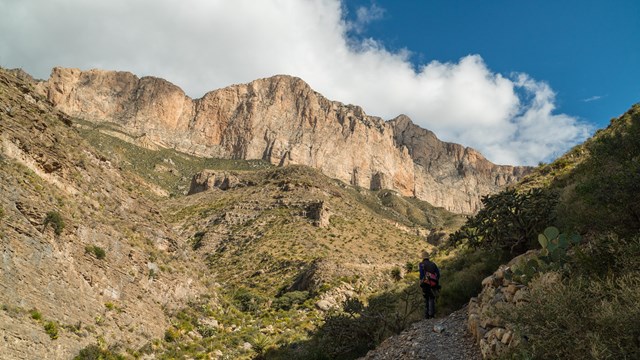 Steep canyon walls define a desert mountain landscape. 