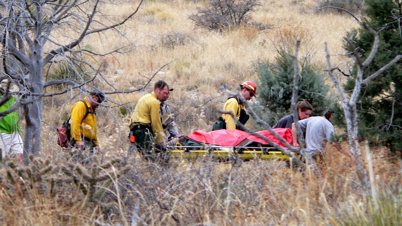 Park rangers and fire fighters carry a wheeled litter along a trail in a desert mountain landscape. 