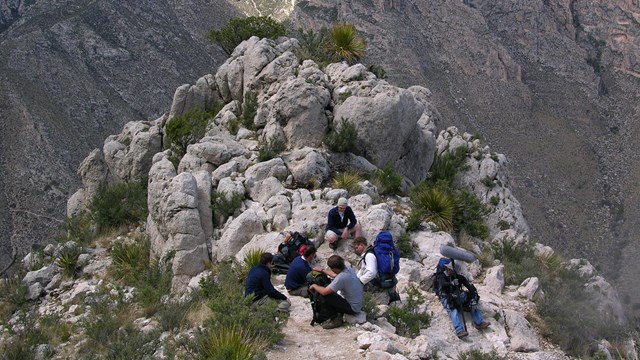 A group of hkers takes a break along a trail