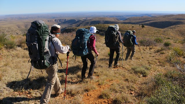 A line of hikers follow a trail down a desert mountain landscape