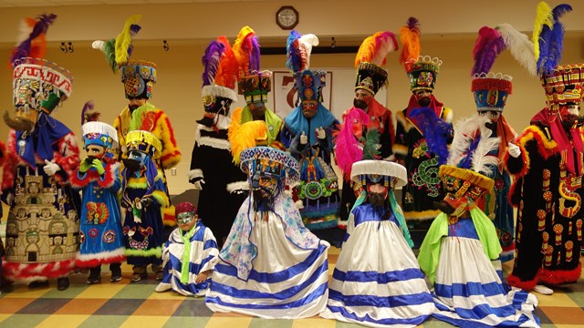 A group dressed in colorful costumes. 