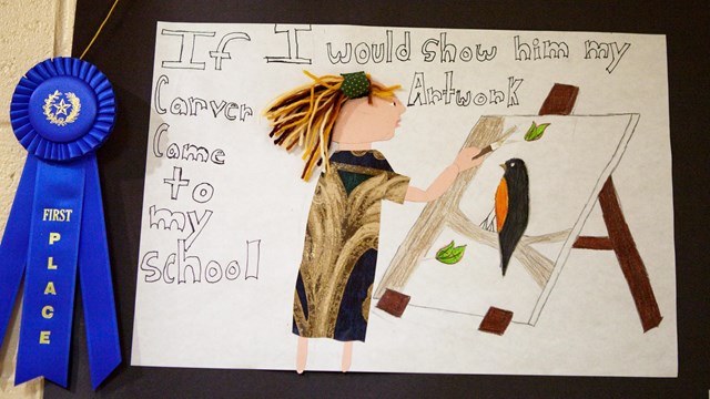 Painting of a young girl with brown hair and dress painting a bird on an easel. 