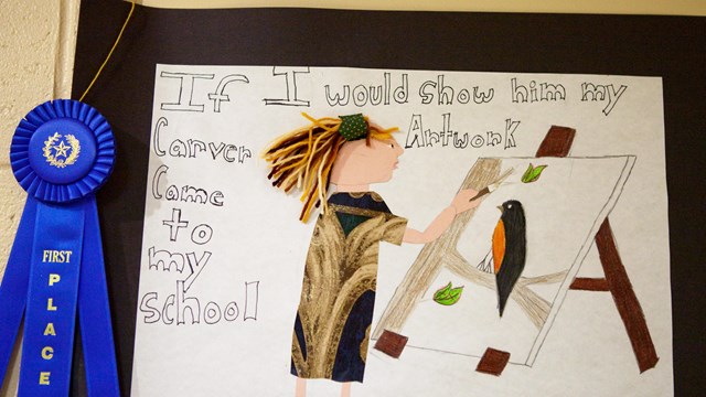 Art drawing of a young girl with an easel with a blue ribbon.  