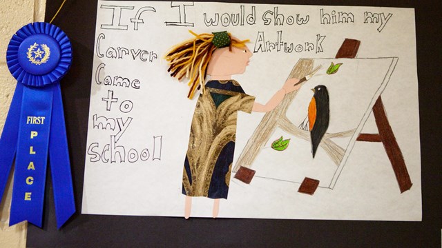 Artwork of a student painting with an easel. There is also a blue ribbon on the drawing. 