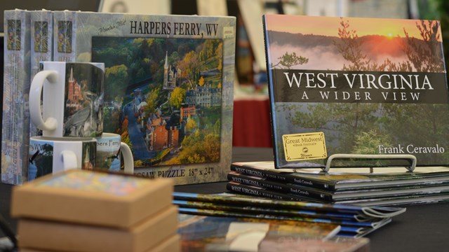 photo of a few Harpers Ferry and West Virginia specific products sold by the bookshop