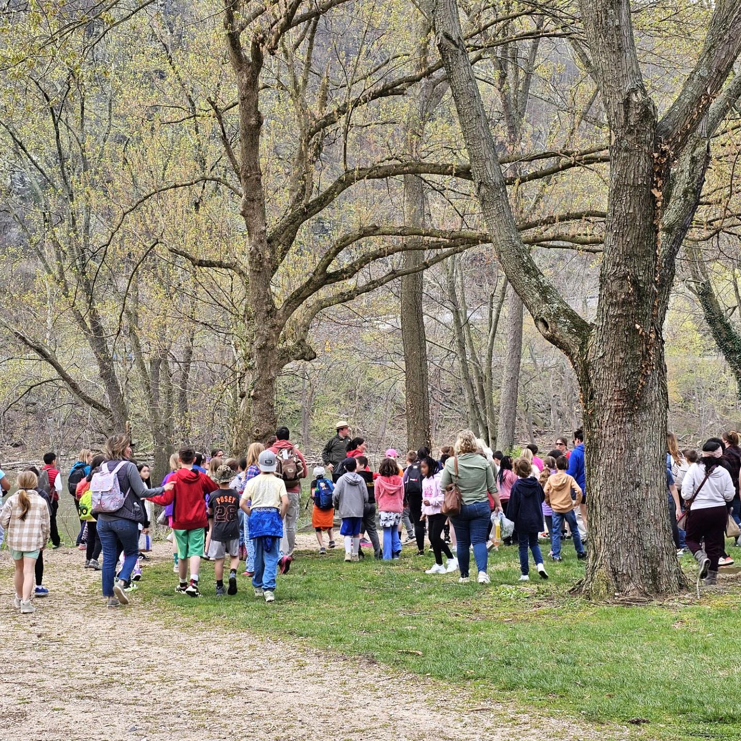 Students listening to a park ranger surrounded by trees.