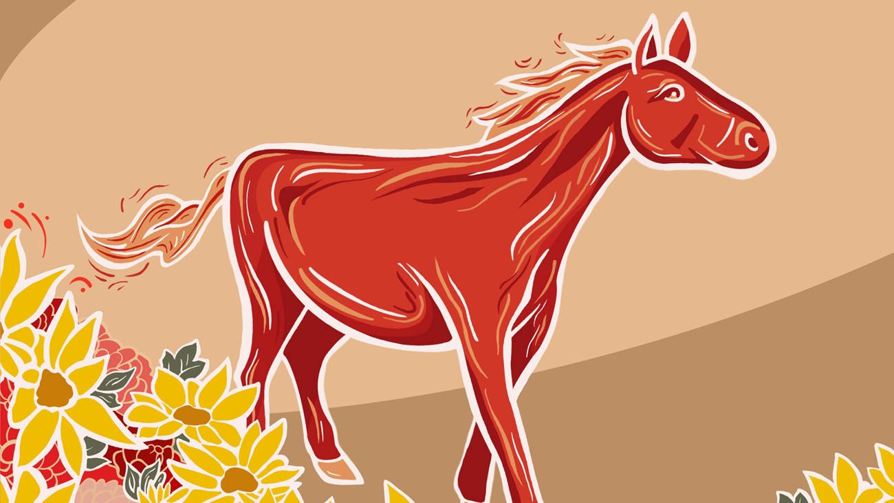 Illustration of a horse colored with red and accented in tones and shades of red, brown, and white. 