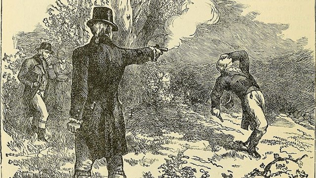 A black and white illustration of a man firing a pistol at another, who falls to the ground.