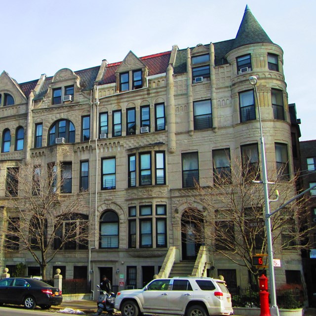 A row of ornate apartment buildings