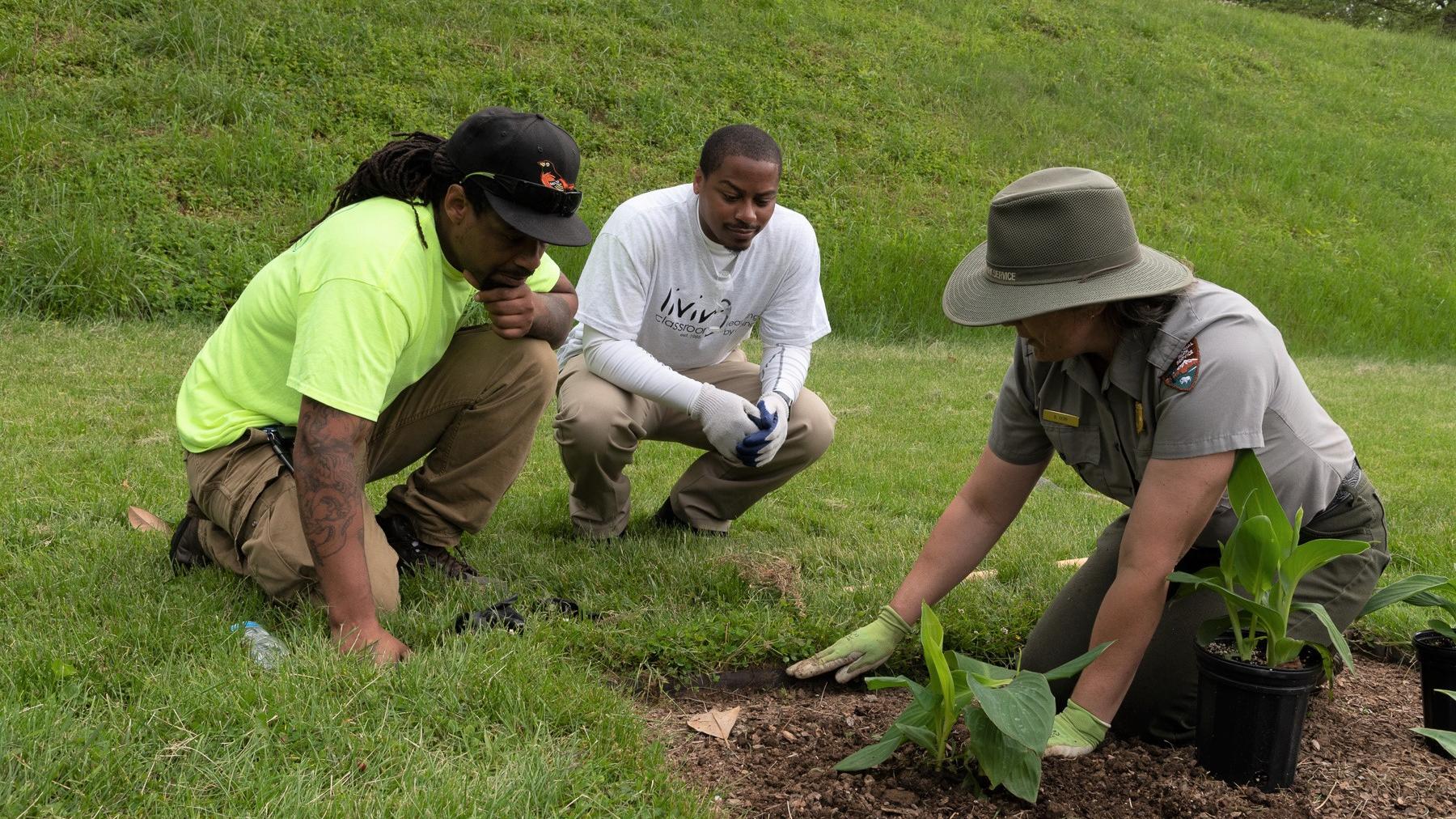 Volunteers working together in the gardens at Hampton
