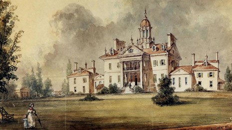 A watercolor painting of Hampton Hall