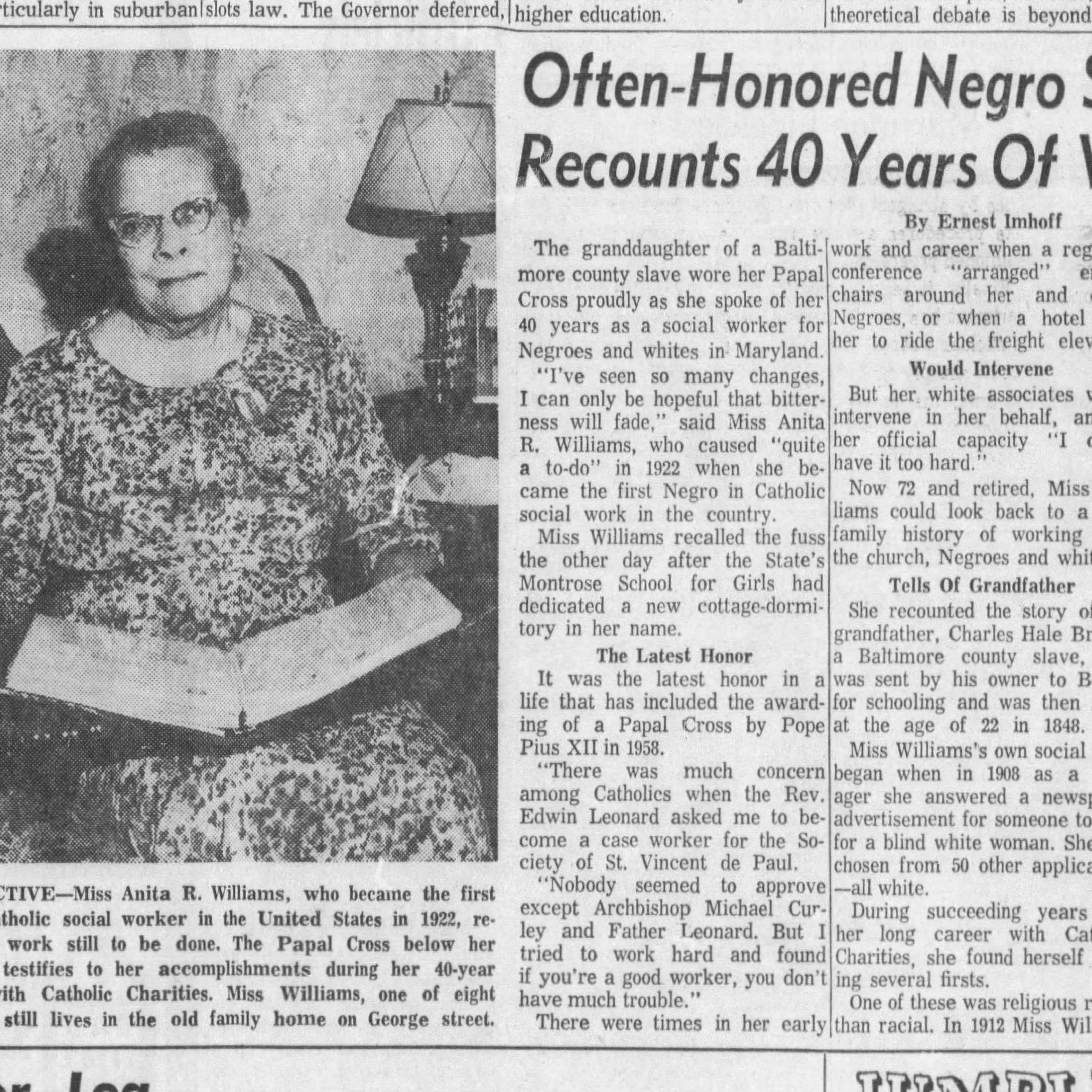 Anita R Williams in an article in Evening Sun 1963
