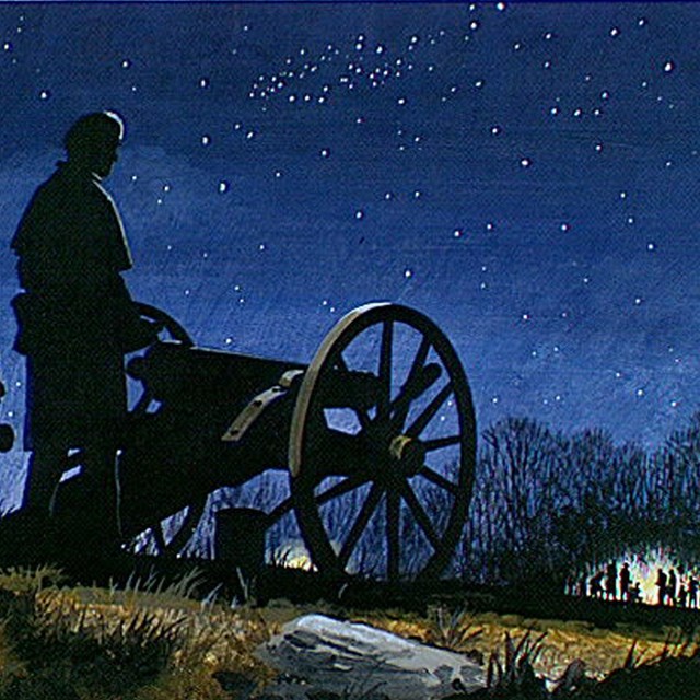 Painting of Night scene of a battlefield with soldiers standing by cannons. Background are camps.