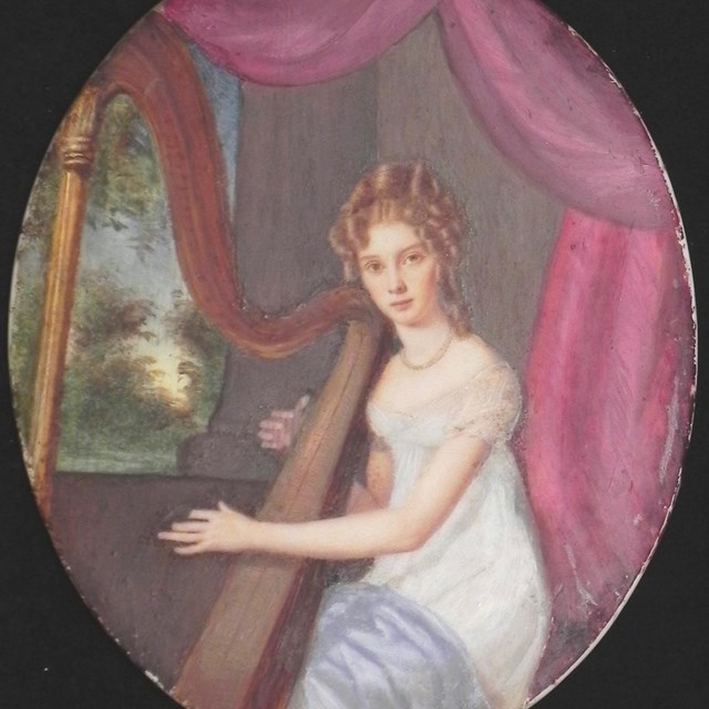 Painting of a pale girl with blonde hair, Sophia, playing a harp. artist unknown, c.1816