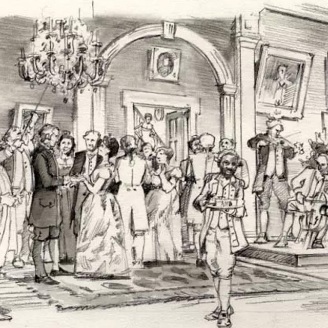 Artist depiction of a ball (dance) being held at the Hampton mansion. NPS/Harpers Ferry Center