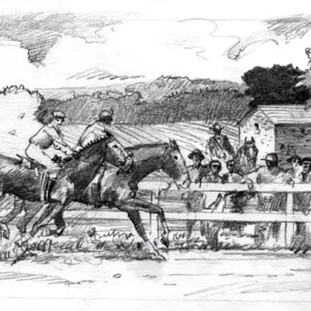 Artist depiction of horse racing at Hampton. NPS/Harpers Ferry Center
