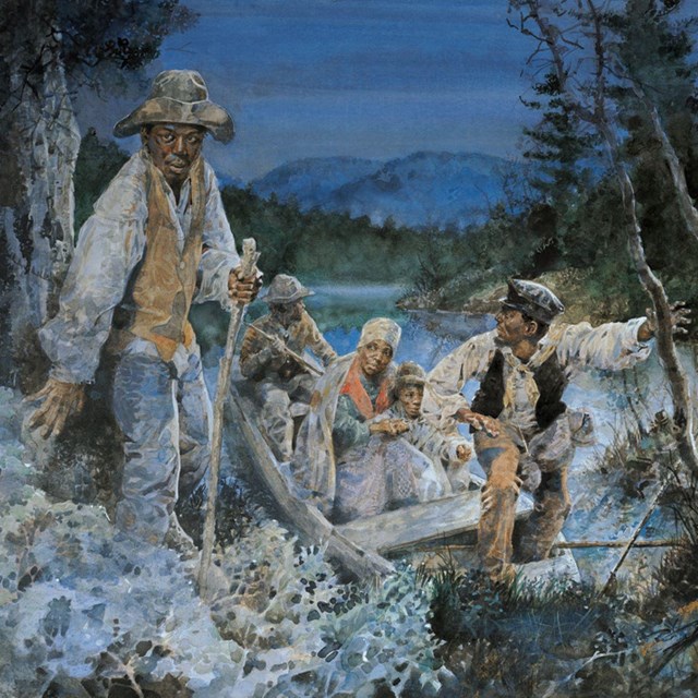 A painting depicting freedom seekers crossing a river
