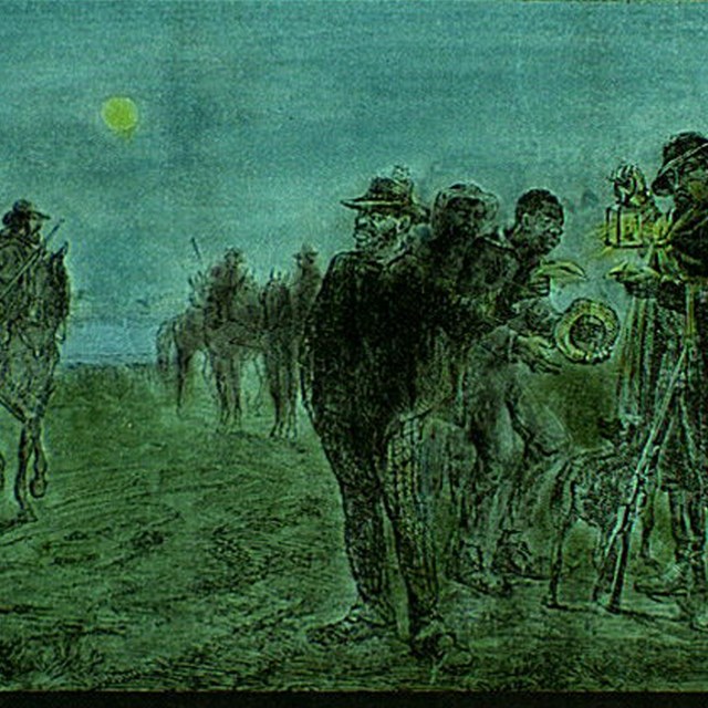 A drawing of people at nighttime on a dirt road