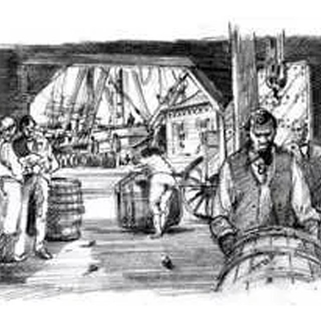 Drawing of people working on a dock