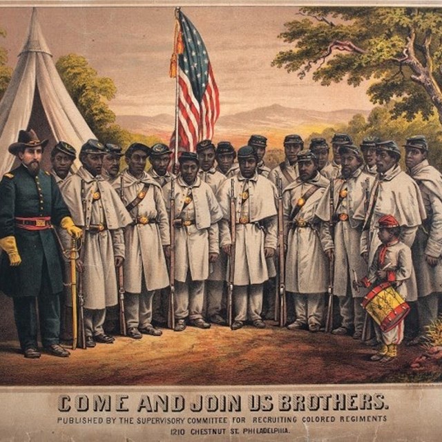 An illustration for recruitment of U.S. Colored Troops during the American Civil War. 