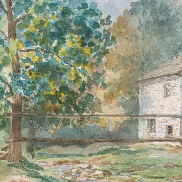 painting of building, tree, stream, bridge