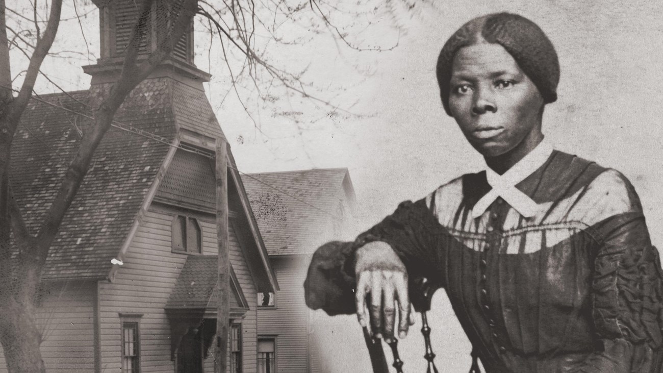 Composite image of a black and white church alongside a portrait of Harriet Tubman