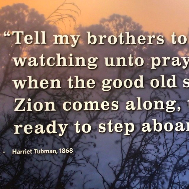 A Harriet Tubman quote can be seen in the foreground with a misty forest in the background.