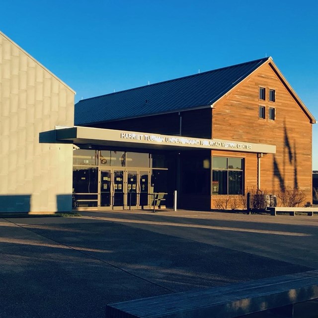 Angled view of the front of the Visitor Center
