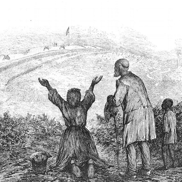 Black and white sketch of slaves rejoicing at reaching freedom