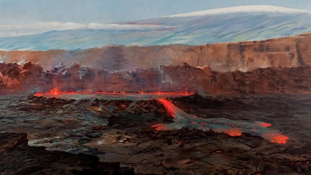 Painting of an erupting volcanic caldera with a snow-covered mountain beyond