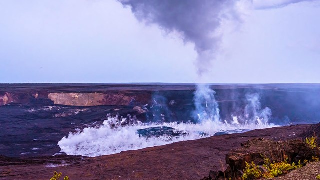 A hardened lava lake within a crater. 