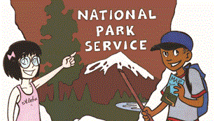 Cartoon of a young boy and girl in front of a National Park Service arrowhead insignia
