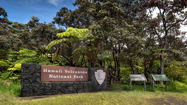 Park entrance sign and two interpretive displays under large trees