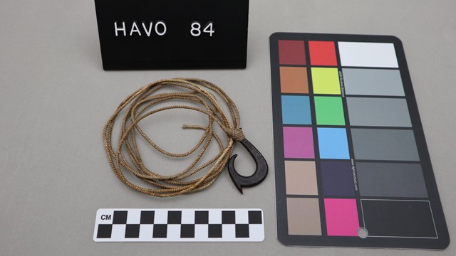 Display of a archaeological item (fish hook and cordage)