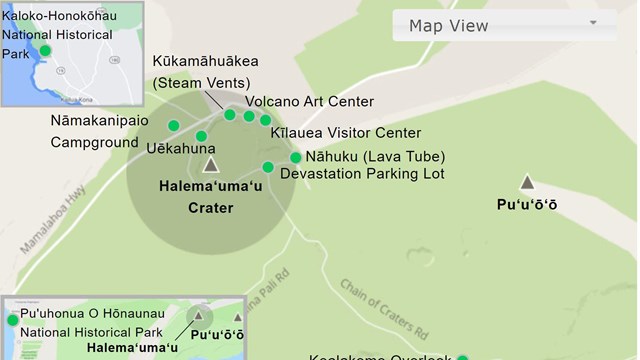 Hawaiʻi Volcanoes National Park map highlighting areas affected by sulfur dioxide and particulates.