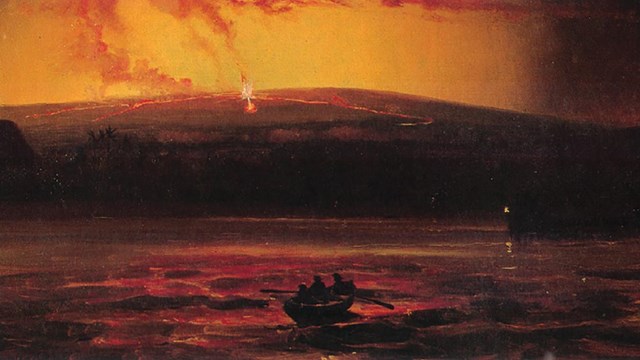 Painting of an erupting volcano with a boat on the ocean in the foreground