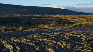 A lava field with cliffs in the background