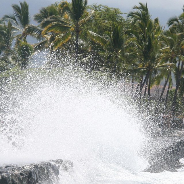 Waves crash over rocks