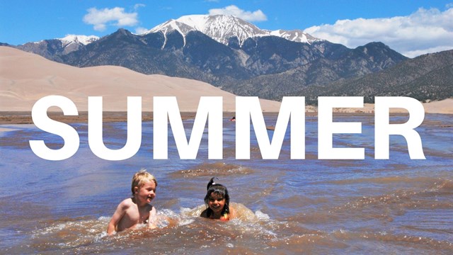 word Summer over background of two kids swimming