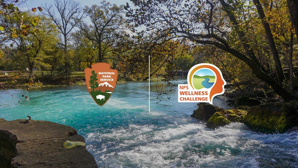 NPS Wellness Challenge logo and Arrowhead in front of Ozark Scenic Riverways 