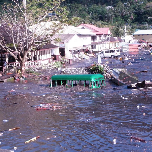 Tsunami waters with debris 