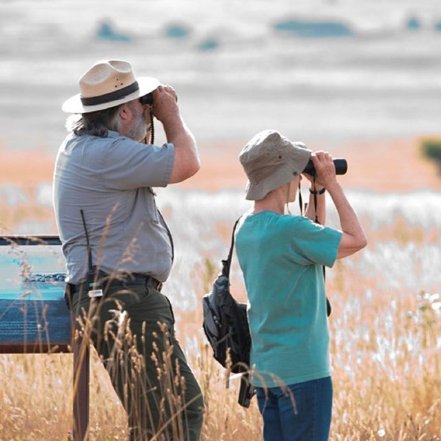 Park ranger and visitor looking through binoculars