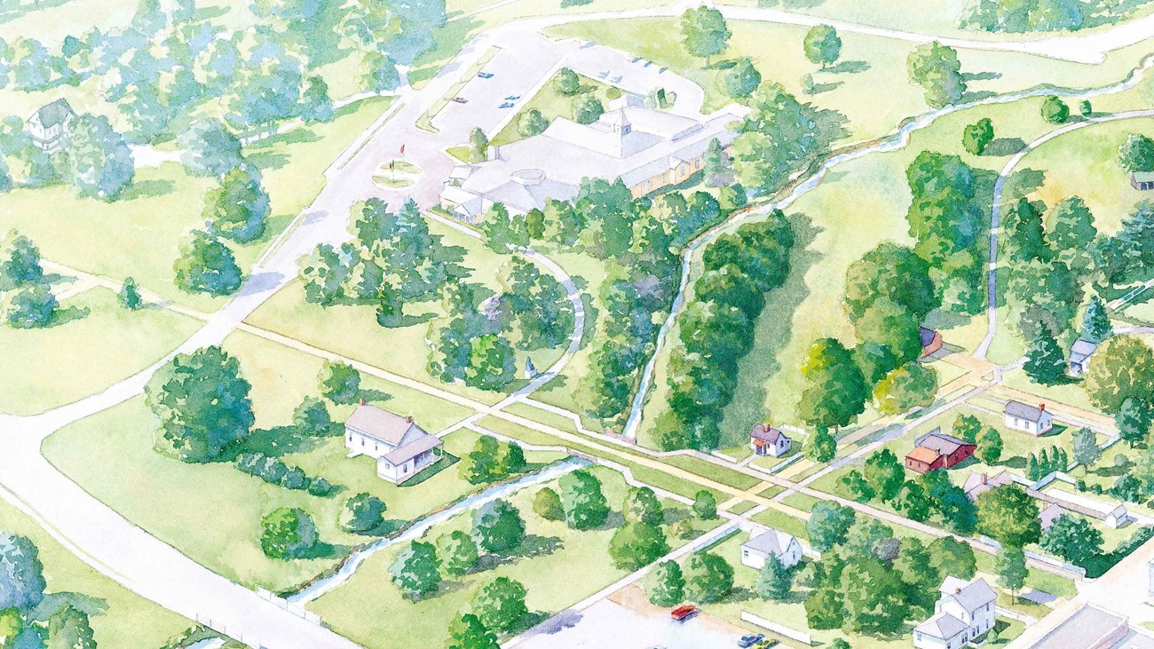 A artist's rendering of a historic site depicts a bird's eye view in perspective.