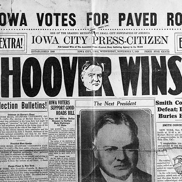 A 1928 newspaper proclaims Hoover's election as president.