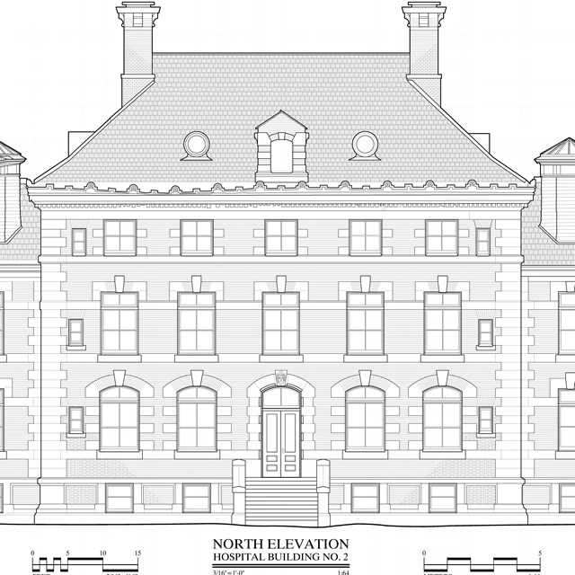 Drawing of the front facade of the Main Hospital at Ellis Island