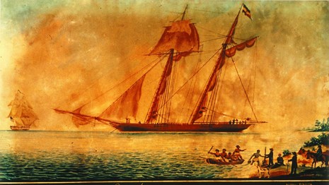 oil painting of a ship with people in small boats paddling to shore