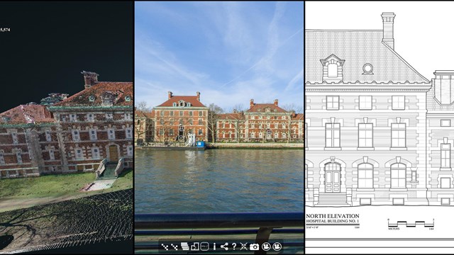 multimedia collage of heritage documentation. 3 different views of the same historic structure.