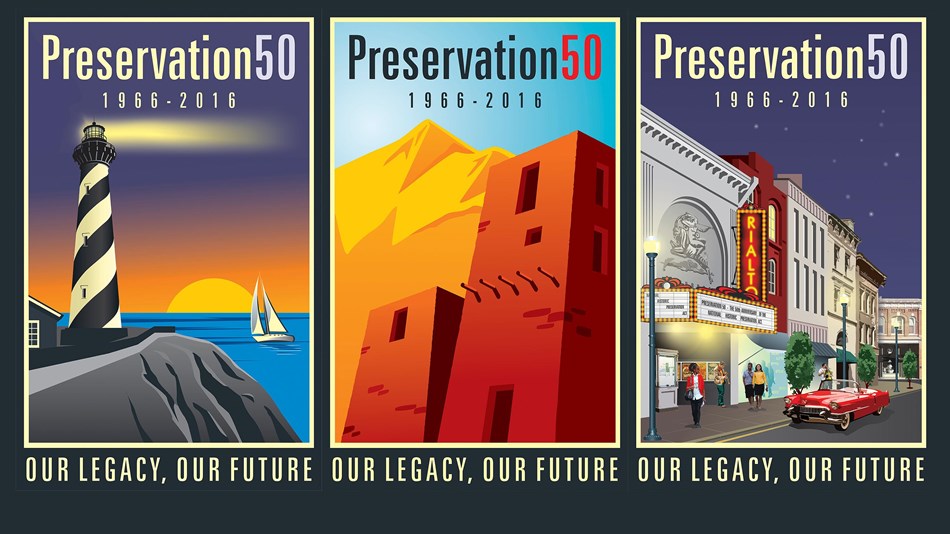 3 logos for the National Historic Preservation Act's 50th anniversary: lighthouse, pueblo, downtown