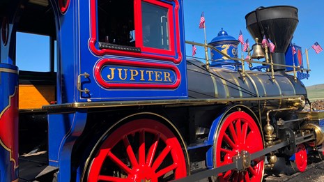 Brightly painted historic steam engine the Jupiter Locomotive located at Golden Spike National Histo