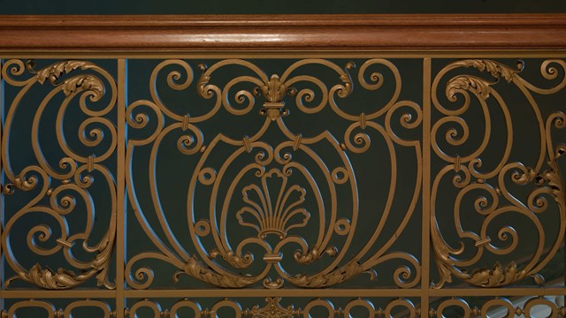 decorative stair railing Birch Bayh Federal Building, Indianapolis, Indiana